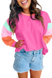 Rose Red Colorblock Patchwork Long Sleeve Loose Top