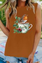 Watercolor European Robin Cup Print Tank Top