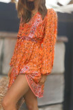 Boho V Neck Puff Sleeves Dress 