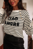 Black Stripe CIAO AMORE Graphic Buttoned Pullover Sweatshirt