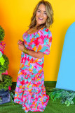 Multicolour Plus Size Floral Smocked Puff Sleeve Maxi Dress