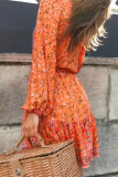 Boho V Neck Puff Sleeves Dress 