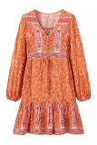 Boho V Neck Puff Sleeves Dress 