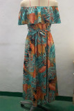 Off Shoulder Ruffle Printed SPlit Dress 