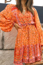 Boho V Neck Puff Sleeves Dress 