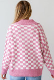 Pink Checkered Buttons Collar V Neck Drop Shoulder Sweater