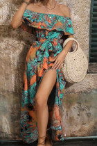 Off Shoulder Ruffle Printed SPlit Dress 