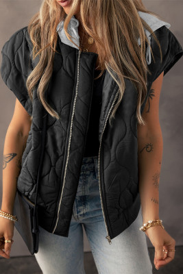 Black Quilted Drawstring Hooded Zip Up Puffer Vest