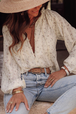 Red Floral Embroidered Lace Bubble Sleeve Shirt