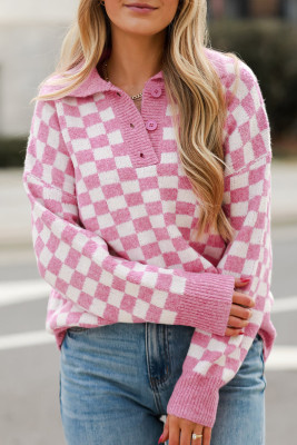 Pink Checkered Buttons Collar V Neck Drop Shoulder Sweater