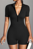 Ribbed Knitting Short Sleeves One Piece Biker Romper 