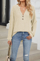 Ribbed Knitting V Neck Button Long Sleeves Top 