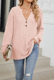 Ribbed Knitting V Neck Button Long Sleeves Top 