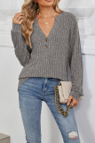Ribbed Knitting V Neck Button Long Sleeves Top 