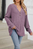 Ribbed Knitting V Neck Button Long Sleeves Top 