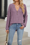 Ribbed Knitting V Neck Button Long Sleeves Top 