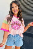 Pink Sequin Disco Ball Color Block Sleeve Graphic Tee