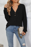 Ribbed Knitting V Neck Button Long Sleeves Top 