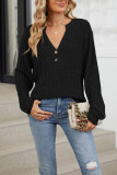 Ribbed Knitting V Neck Button Long Sleeves Top 