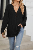 Ribbed Knitting V Neck Button Long Sleeves Top 