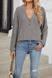 Ribbed Knitting V Neck Button Long Sleeves Top 
