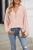 Ribbed Knitting V Neck Button Long Sleeves Top 