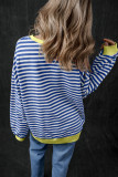 Blue Stripe Oversized Contrast Trim Pullover Sweatshirt