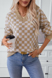 Checked Plaid V Neck Knitting Sweater 