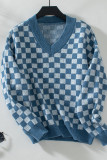 Checked Plaid V Neck Knitting Sweater 