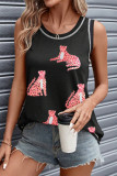 Black Sequin Cheetah Round Neck Stitching Loose Tank Top