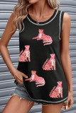 Black Sequin Cheetah Round Neck Stitching Loose Tank Top