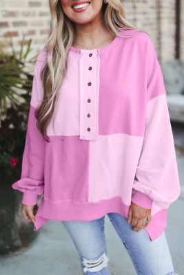 Pink Colorblock Henley High Low Oversize Sweatshirt
