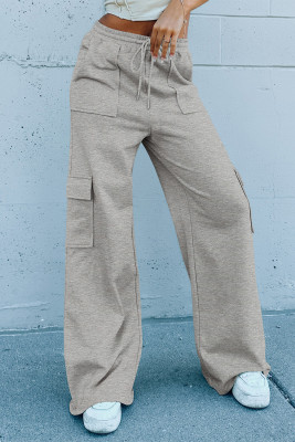 Light Grey Multi Pockets Lace-up High Waist Wide Leg Workout Pants