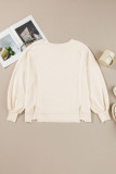 White Waffle Knit Bishop Sleeve Split Oversized Sweatshirt