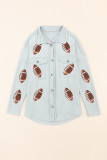 Gray Sequined Rugby Flap Pockets Buttoned Shacket