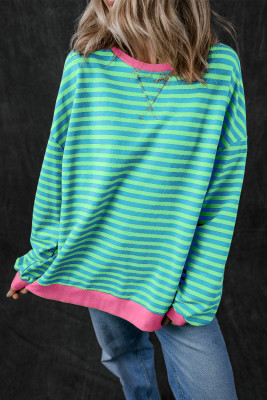 Sky Blue Stripe Oversized Contrast Trim Pullover Sweatshirt