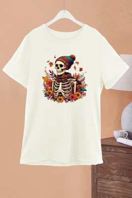 Fall Skeleton Autumn Leaves Print Graphic Top