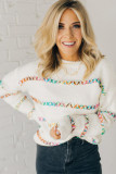 White Colorful Crossed Stitch Drop Shoulder Sweater