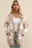 Khaki Sherpa Star Pattern Textured Sweater Cardigan with Pockets