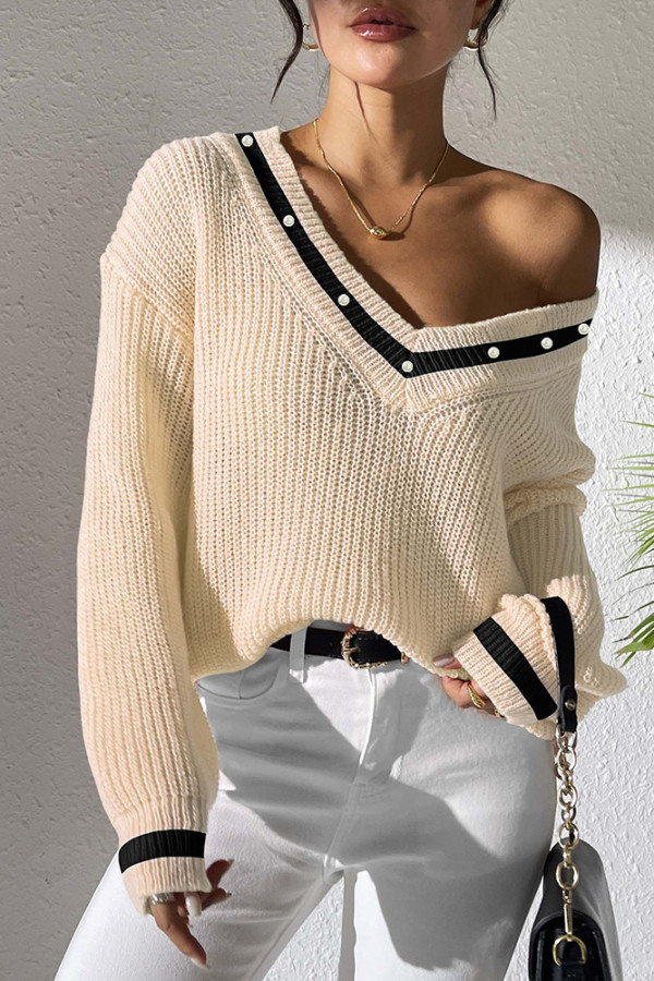Rhinestone V Neck Knitting Sweater 