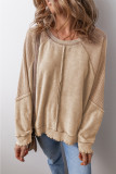 Light French Beige Waffle Knit Patchwork Exposed Seam Raglan Sweatshirt