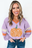 Orchid Bouquet Floral Pumpkin Color Block V Neck Drop Shoulder Sweatshirt