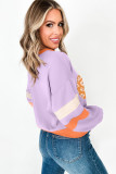 Orchid Bouquet Floral Pumpkin Color Block V Neck Drop Shoulder Sweatshirt