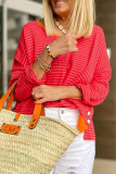 Tomato Red Two Tone Striped Side Buttons Drop Shoulder Top