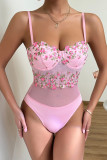 Pink Flower Embroidery Lace Bodysuit 