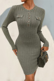 Ribbed Knitting Buttoned Mini Dress