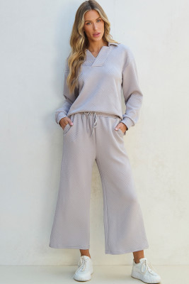 Light Grey Solid Textured Collared V Neck Top and Wide Leg Pants Set