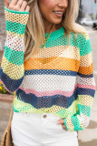 Green Colorblock Patchwork Knit Crochet Eyelet Sweater