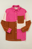 Rose Red Colorblock Curved Hem Corduroy Shacket with Pocket