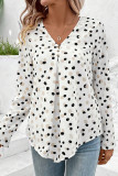 White Polka Dot Print Button Front V Neck Blouse